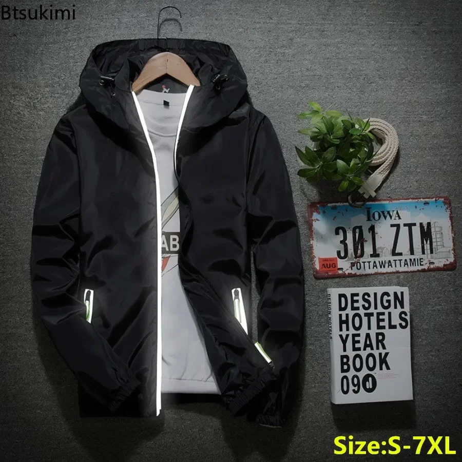 

New Outdoor Windproof Jacket for Men Trend Solid Reflective Casual Sport Coats Male Zip Quick Dry Hooded Outerwear Plus Size 7XL