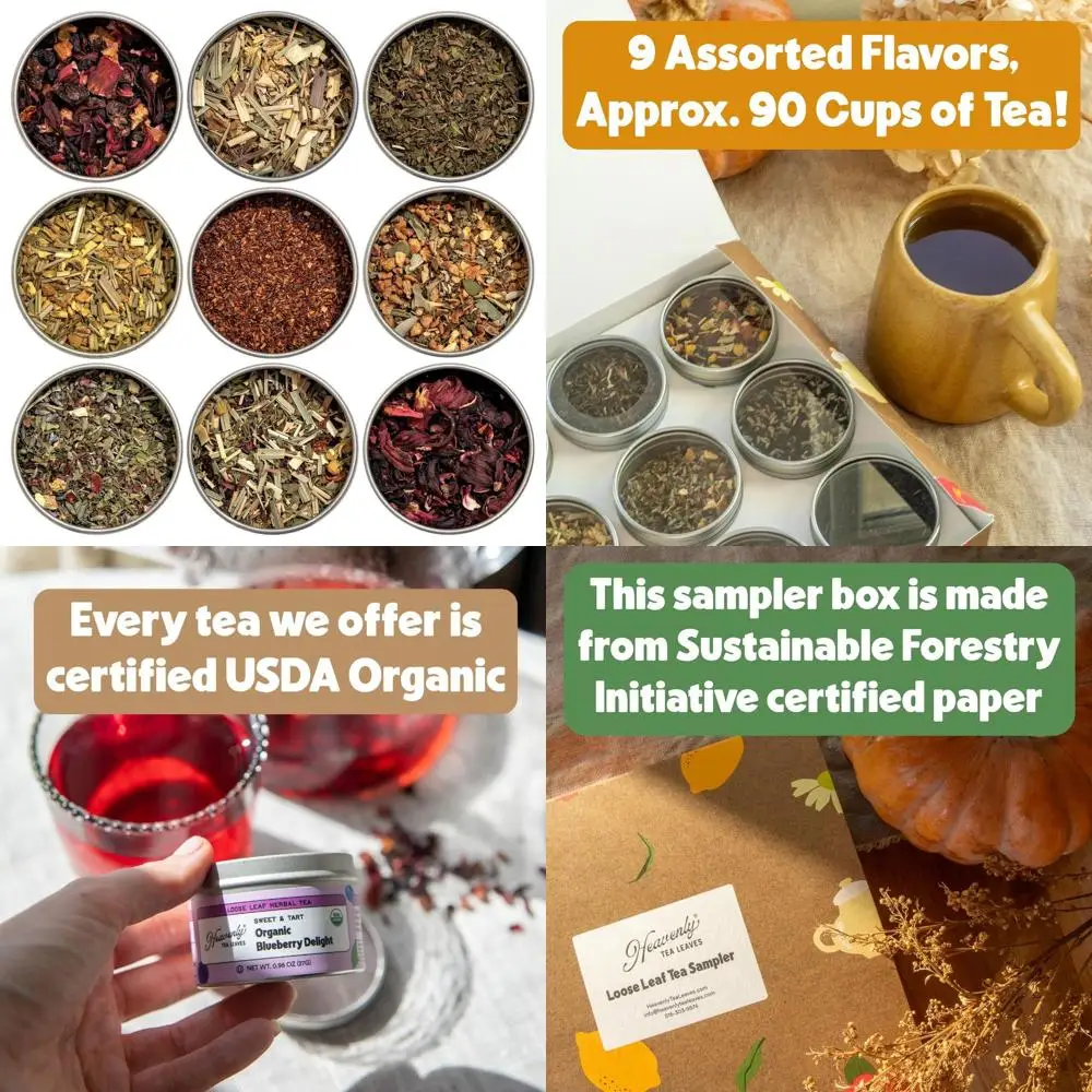 

Organic Herbal Loose Leaf Tea Sampler Gift Set (Approx. 90 Cups) | 9 Naturally Caffeine-Free Tisanes | Great Hot or Iced | Assor
