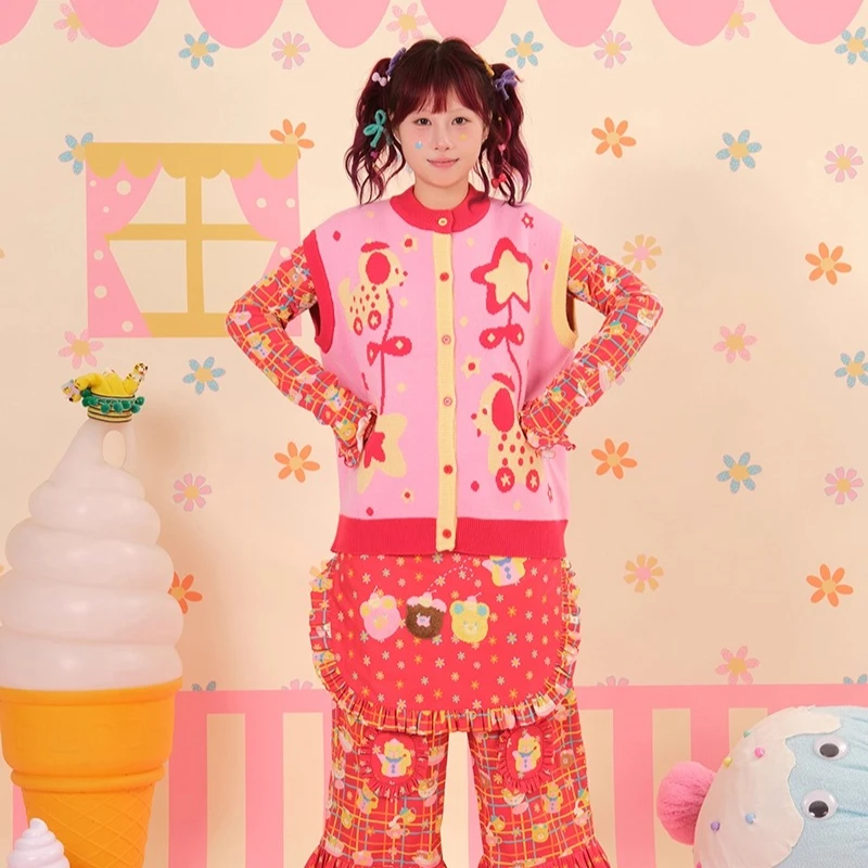 Autumn New Floral Knitted Women's Clothing Japanese Original Design Cute Animal Print Versatile Sleeveless Sweater Vest Ladies