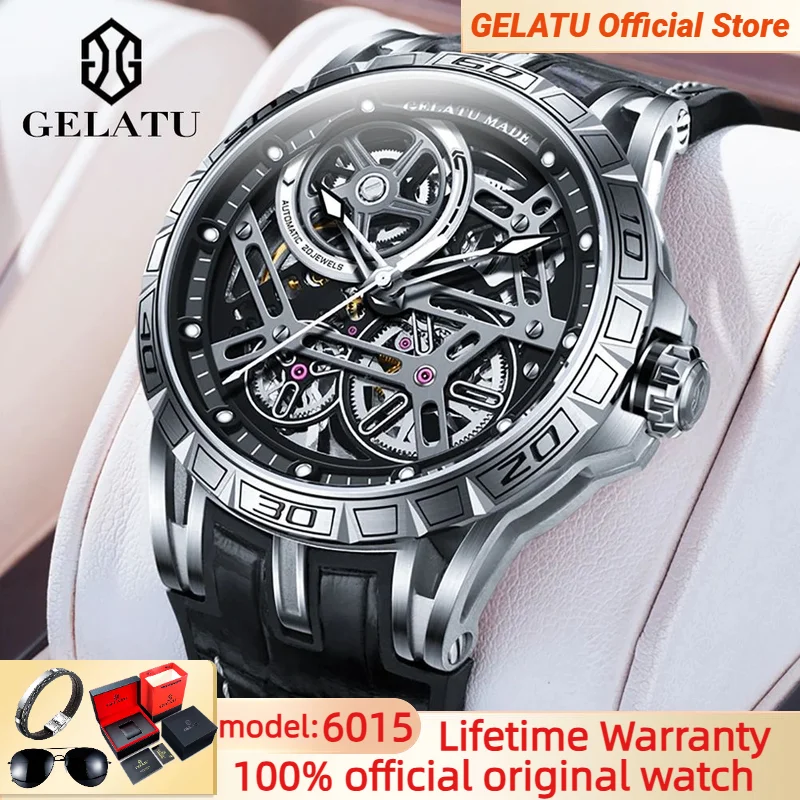 GELATU 6015 Mens Watch Rose Gold Stainless steel Leather Strap Deep Waterproof Automatic Mechanical Watch for Men