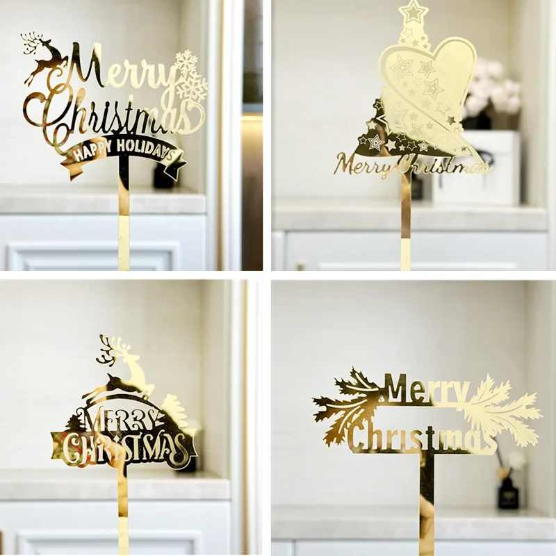Merry Christmas Party Cake Topper Dessert Decoration Gold Christmas Tree Elk Acrylic Kids Xmas Gifts Cake Topper Baking Supplies