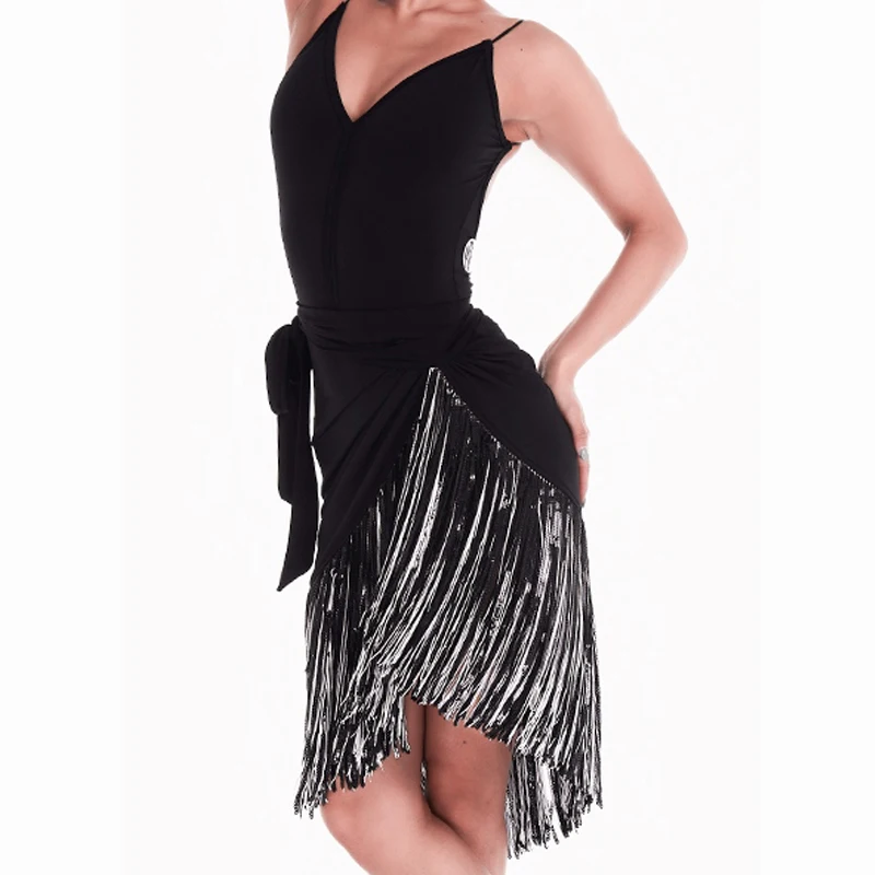 

Women Fringe Hip Scarf Latin Dance Performance Costumes Black Suit Tassels Irregular Skirt Suit Chacha Rumba Latin Dress DN20583