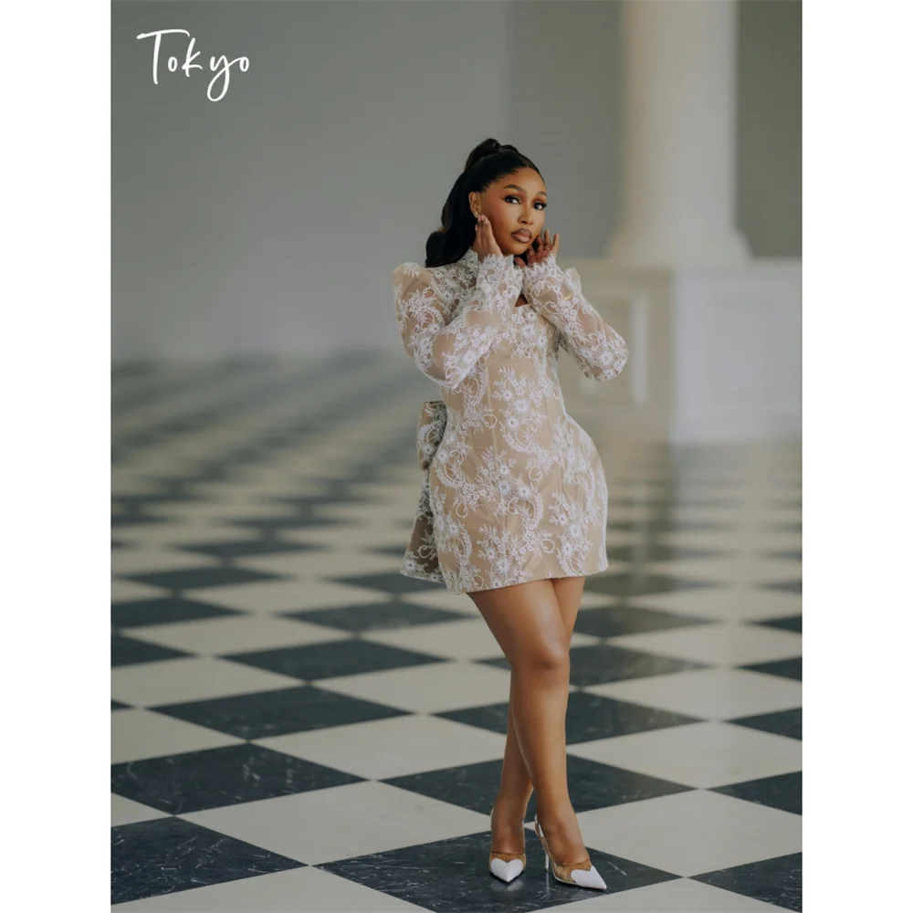 

Tokyo Long Sleeve Floral Lace Mini Dress Sheer Mesh Cocktail Dress Back Big Bow Evening Party Dress Nude Lining Mock Neck 2026