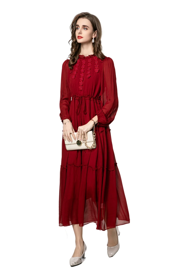 女性のドレス O ネック長袖花柄アップリケエレガントなファッションデザイナーパーティードレス Vestidos