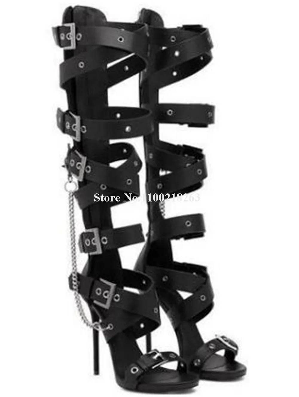 

Women Sexy Black Leather Cut-out Knee High Gladiator Boots Open Toe Chains Bucklse Decorated Stiletto Heel Sandal Boots