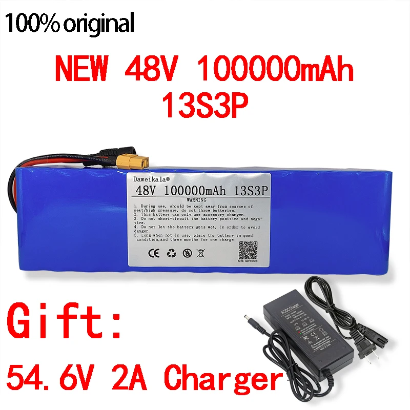 48V Battery 100Ah 500w XT60 DC 18650 Lithium ion Battery Pack For 54.6v E-BK with BMS 2A charger