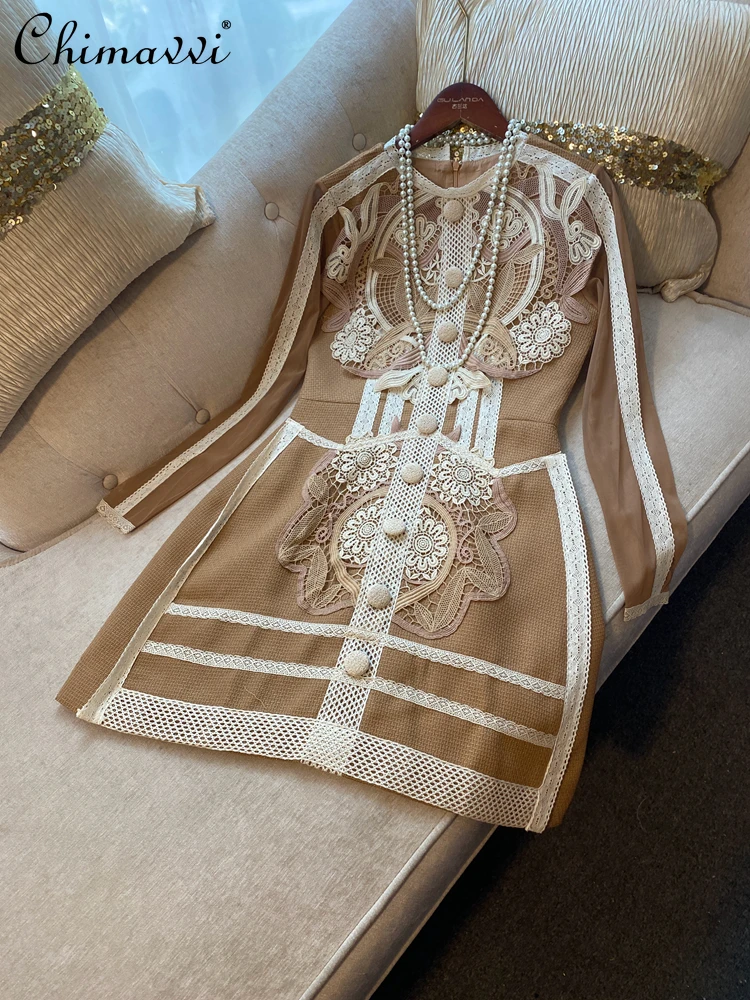 

Spring and Autumn New High-end Water-soluble Flower Lace Hollow Long Sleeve Waist A-line Dress Fashion Elegant Party Mini Dress