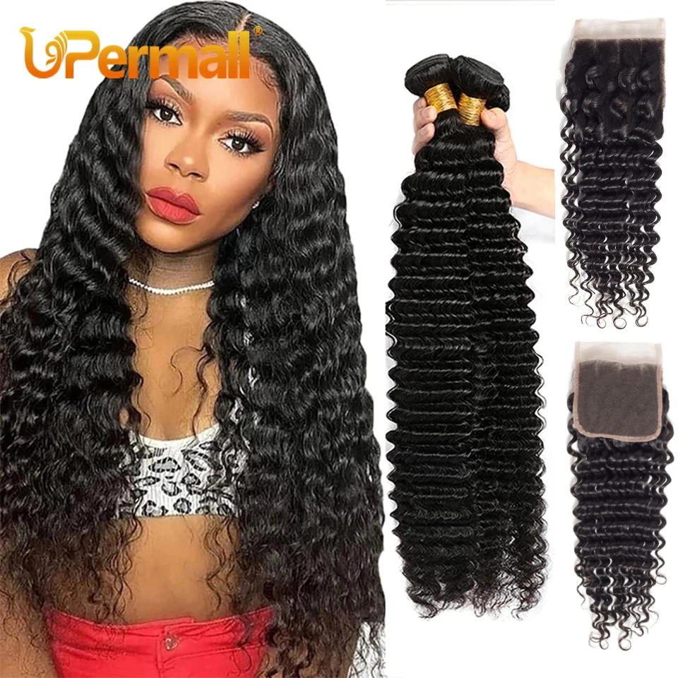 Upermall 3/4 Diepe Golfbundels Met Sluiting Braziliaanse Remy Menselijk Haar Weave HD Transparant 4x4 Vetersluiting en Bundel 10A Zacht