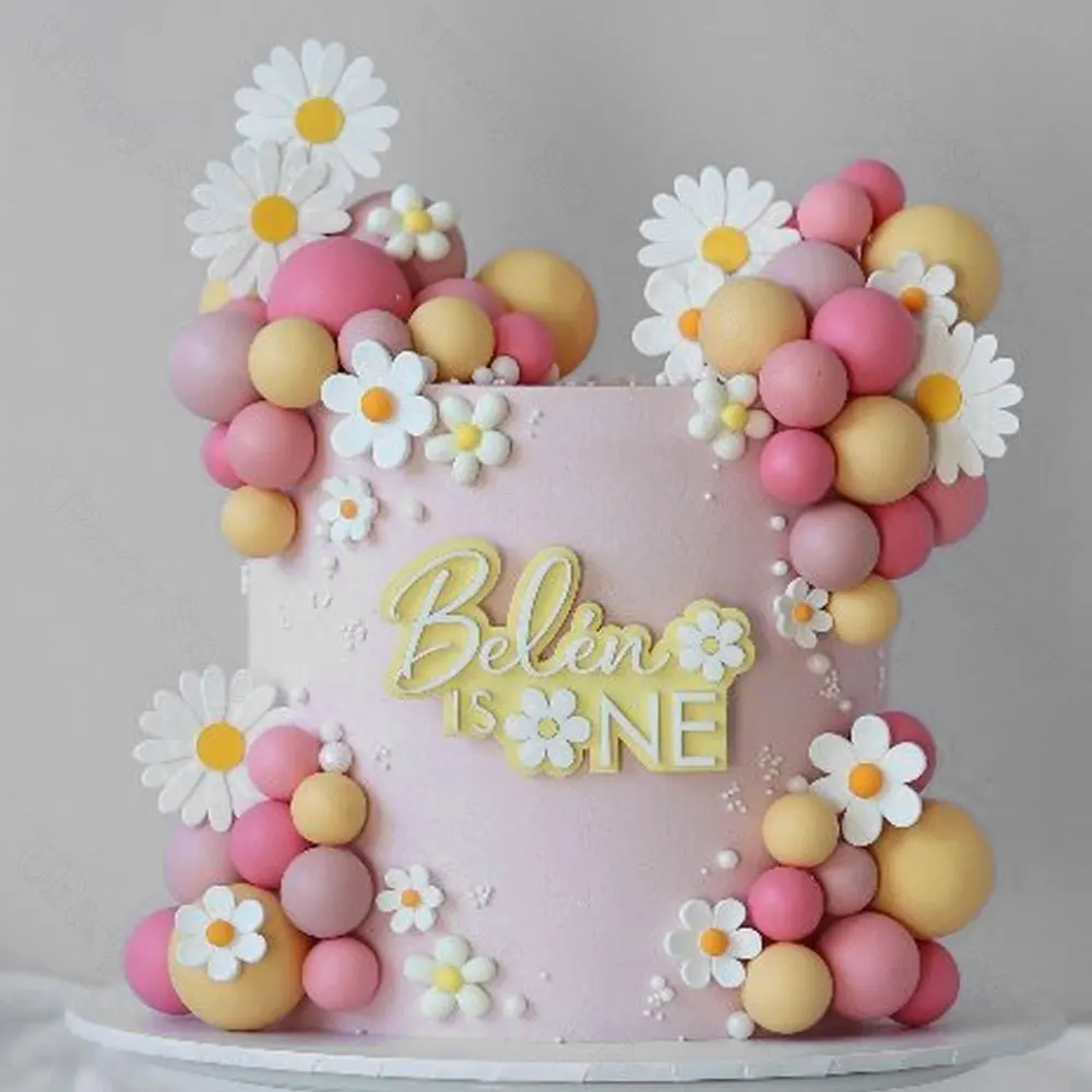50Pcs Boho Cake Toppers Blush Pink Yellow Balls Daisy Flowers Cake Toppers for Groovy Birthday Baby Shower Party Cake Decoration