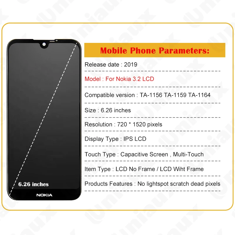 LCD Per Nokia 3.2 Display LCD Touch Assemblea di Schermo Digitizer di Ricambio Per Nokia 3.2 LCD TA 1156 1159 1164