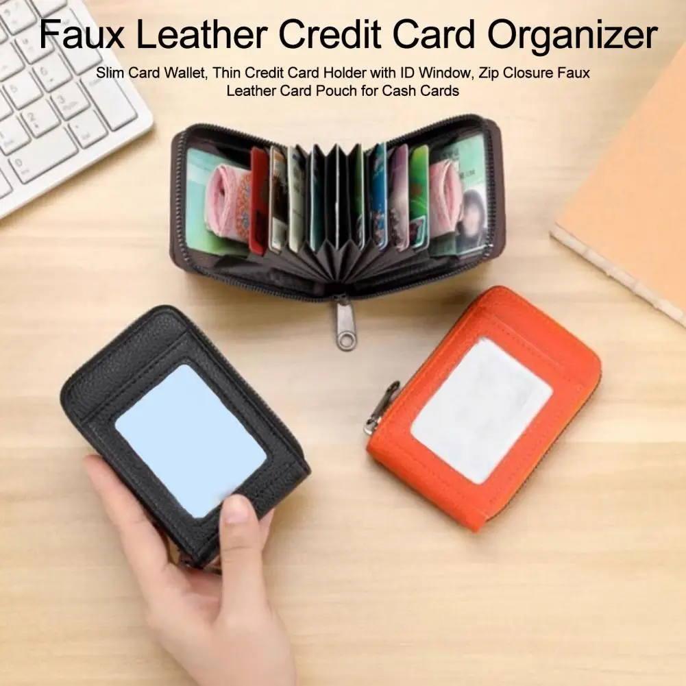 Slim Card Holder Wallet Faux Leather Credit Card Organizer Slim Card Wallet with Id Window Thin Credit Holder Zip for Men