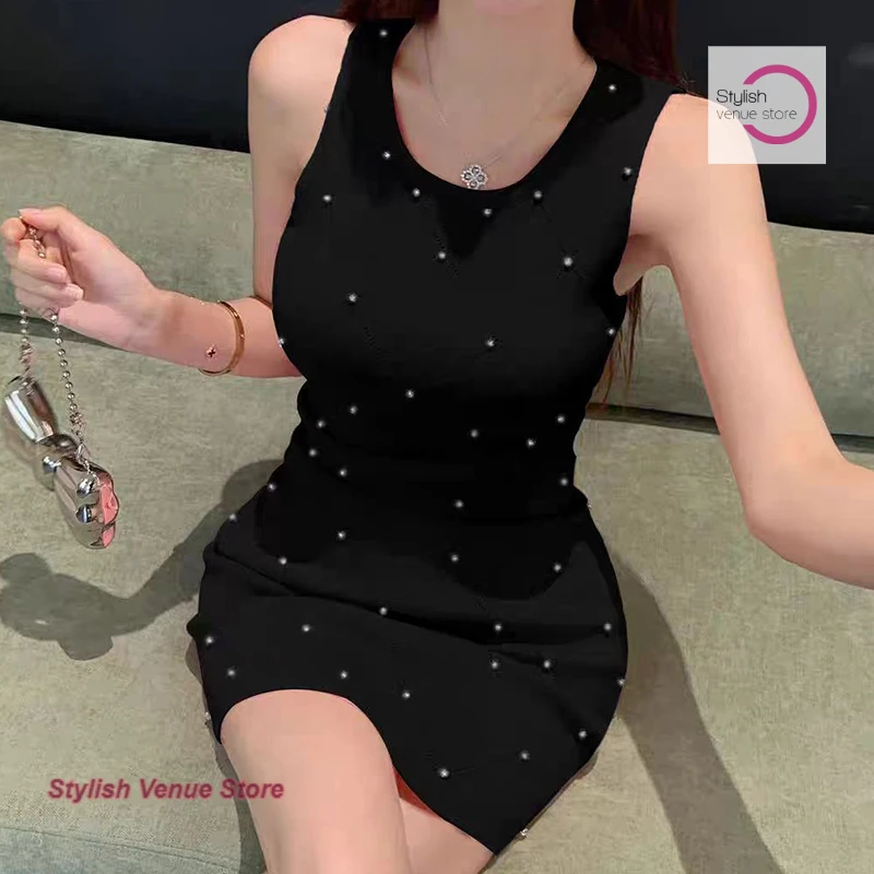 

Summer high-grade luxury design knit skirt female French fashion temperament heavy industry slim vest sling round neck dress