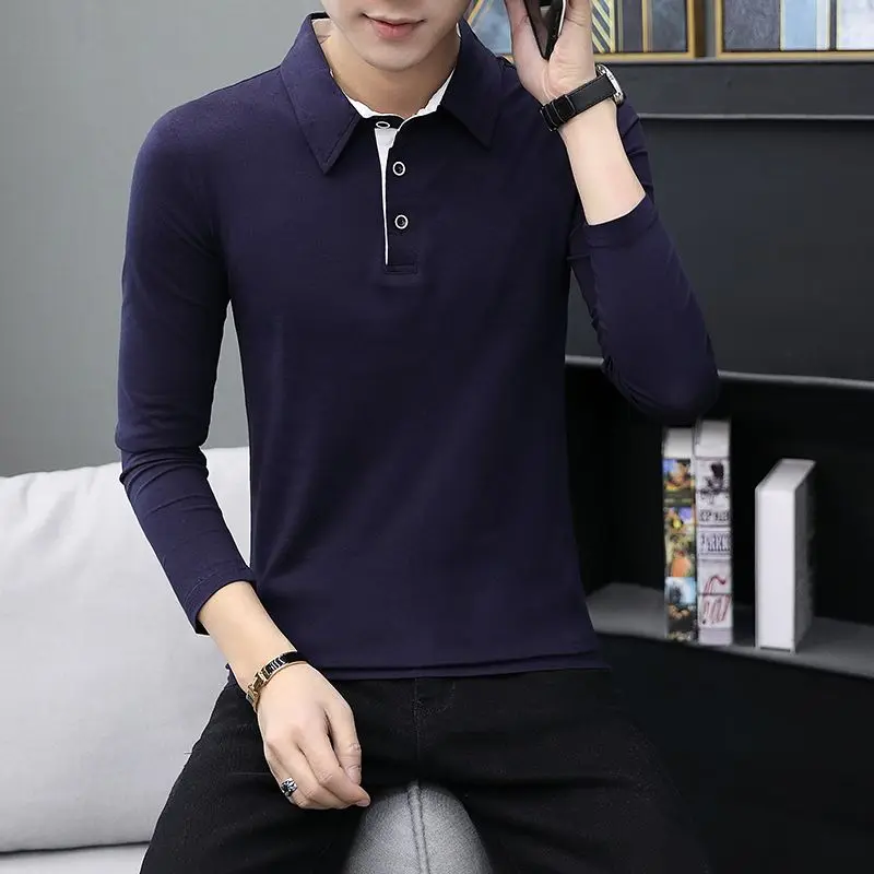 Men's Solid Color Pure Cotton Long Sleeve Collared T-Shirt