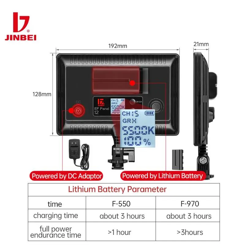 JINBEI EF-12BI 12W LED Video Light Camera Light Rechargeable 2200mAh Dimmable 2700k~6000k Panel Light Photo Studio Lamp