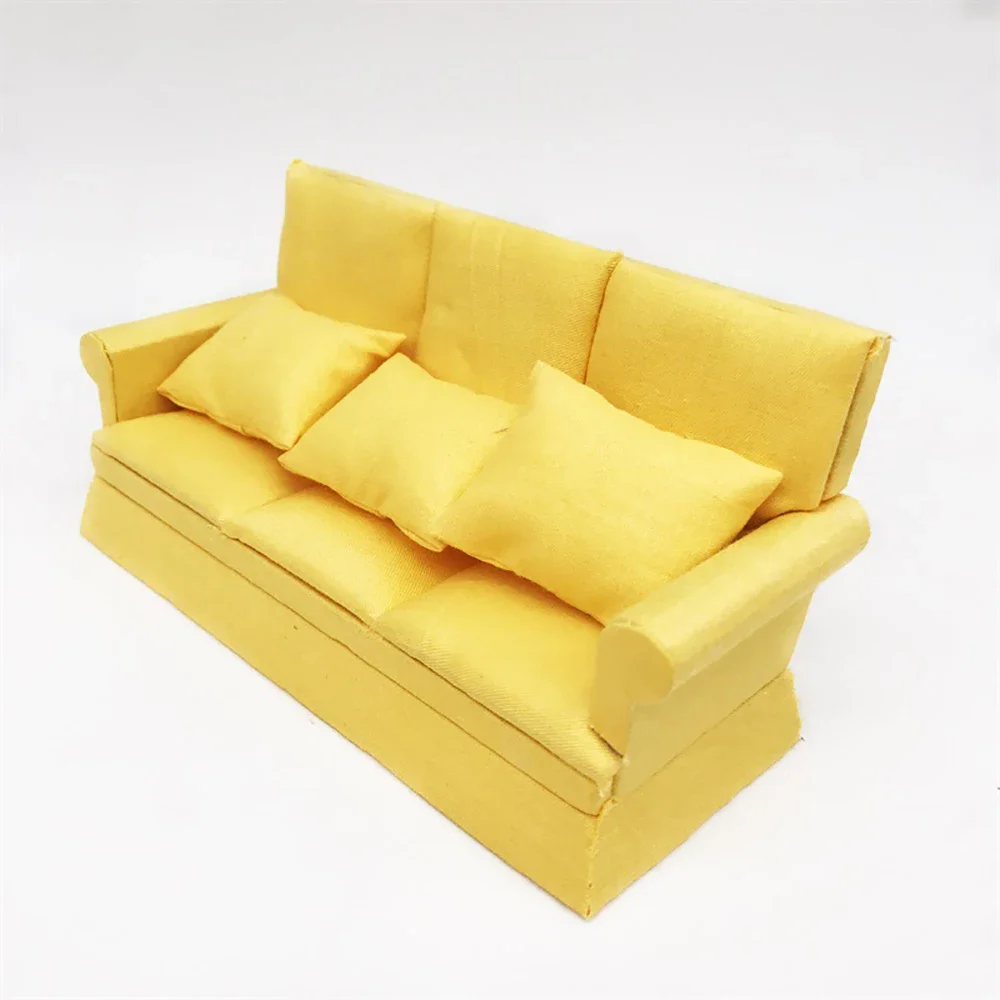 1/12 Dollhouse Miniature Accessories Mini Wooden Three-seat Sofa  Furniture Model Toy for Doll House Decoration ob11