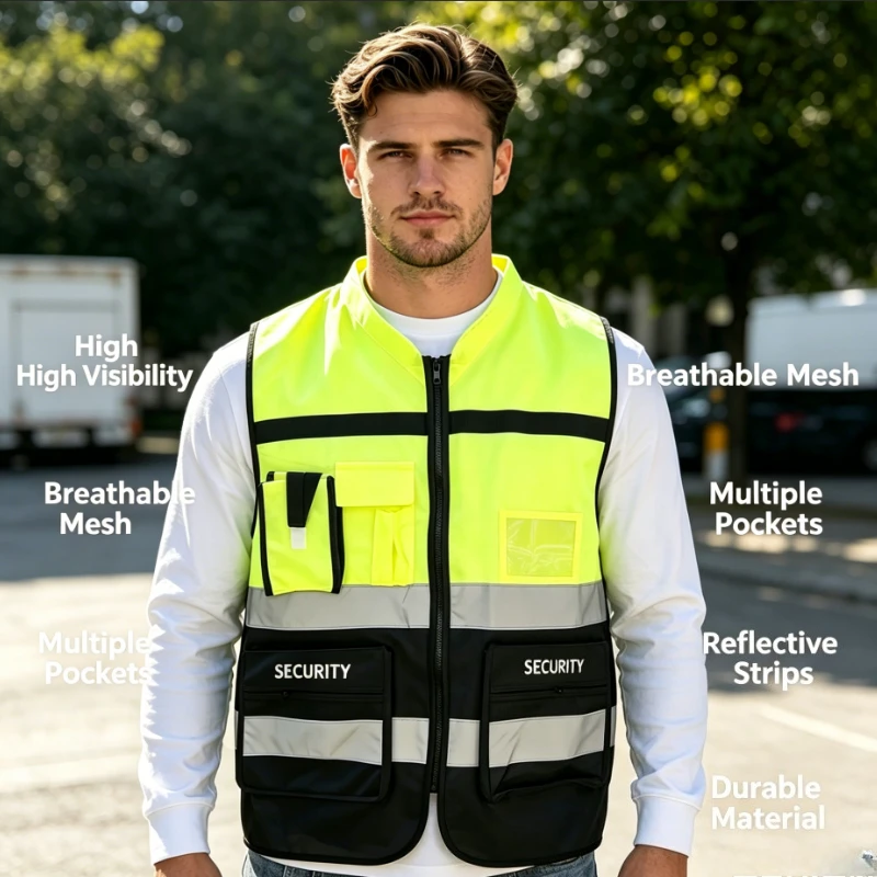 High Visibility Reflective Safety Vest with Multi Pockets, Zipper Security Work Vest, Breathable Construction Warehouse Security