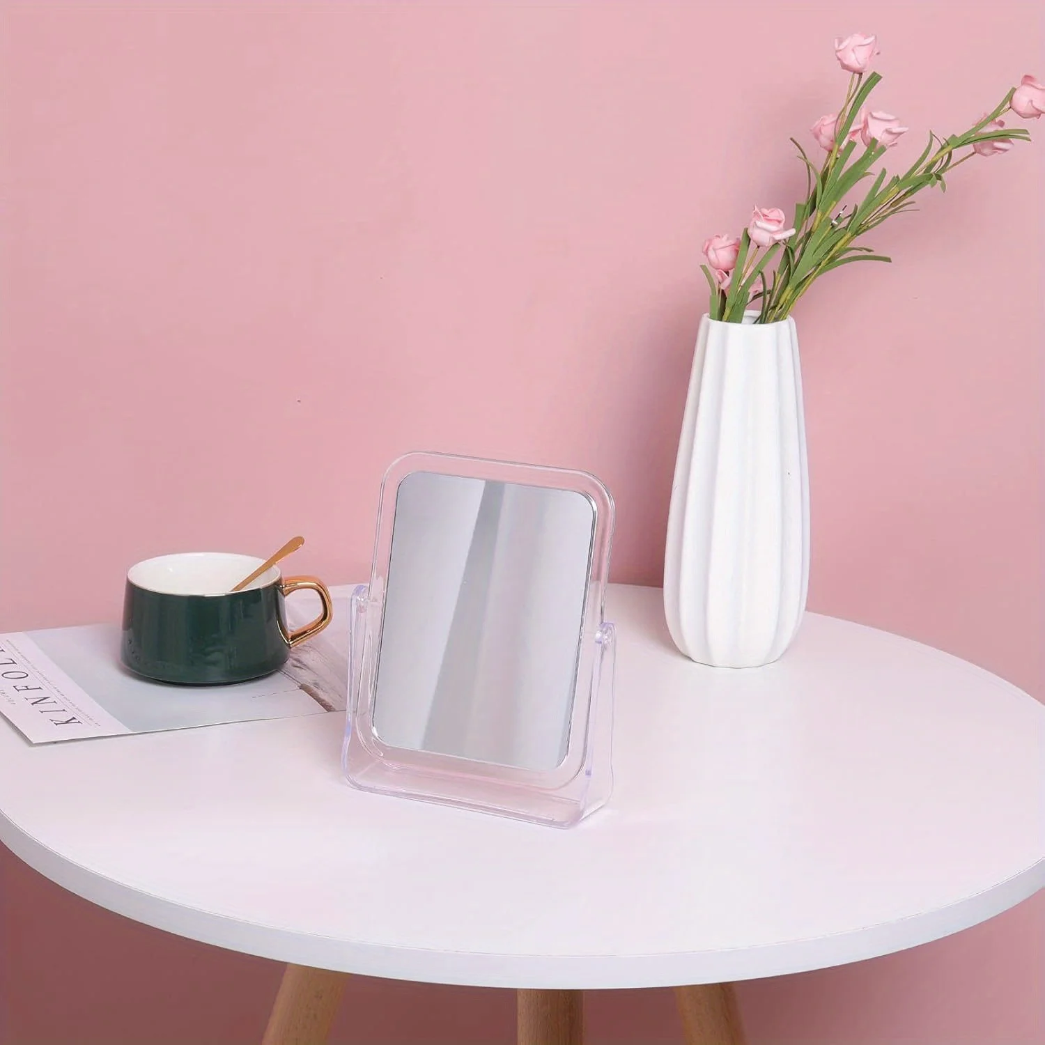 Espelho de maquiagem de mesa 360 °   Espelho flexível de rotação com suporte, espelho cosmético de mesa, bom para banho, barbear, viagem-retângulo