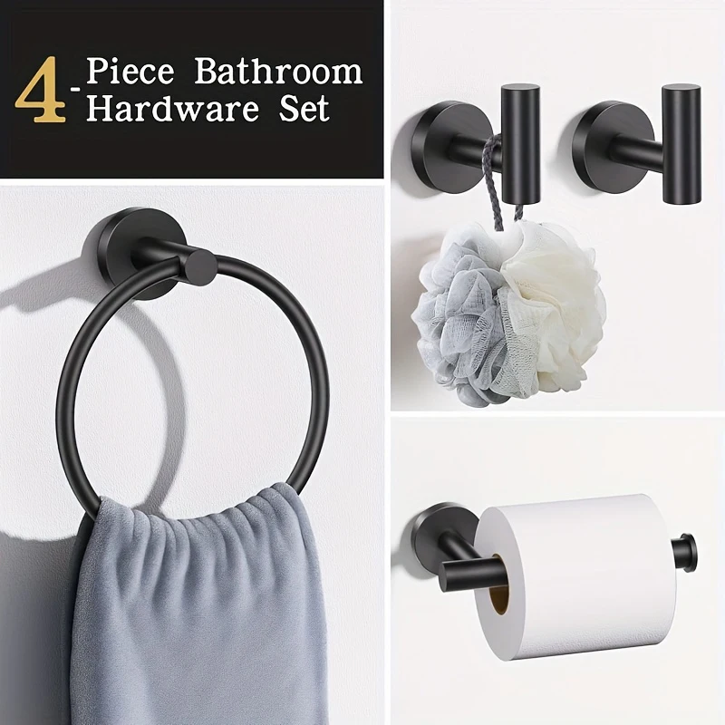 

Black 4-Piece Bathroom Hardware Set (Towel Ring Paper Towel Holder Hook) Punch-Free Wall-Mounted Bathroom Accessories