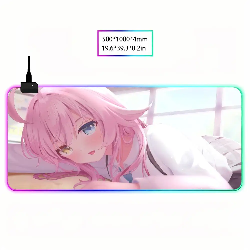 Pink Check Pattern Mousepad Blue Archive Gaming Games RGB Mouse Pad Gamer Large LED Light Takanashi Hoshino Anime Girl Mousepad