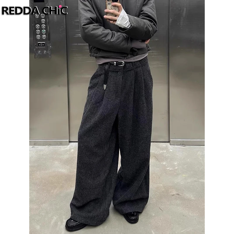 REDDACHIC Vintage Gray Solid Tweed Wide Pants Men Big Size High Rise Pleated Loose Lounge Sweatpants Casual Fall Winter Clothes