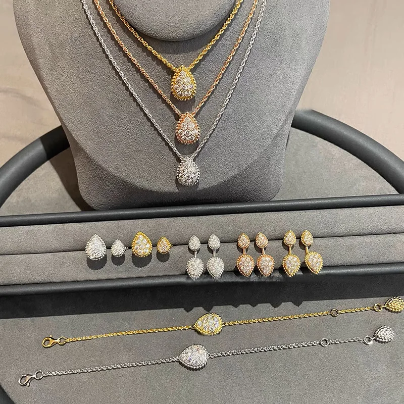 925 Sterling Silber Leicht Luxuriöses Premium Wassertropfenförmiges Schmuckset mit Halskette, Ohrringen, Armband und Ring – Detail 1