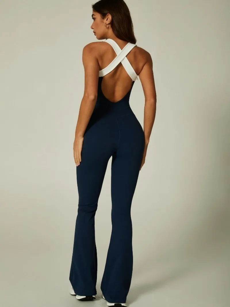 Elegant Sexy Backless Yoga Jumpsuits for Women Sleeveless Contrast Color Training Overalls Female Gym Fitness Sport Tracksuit