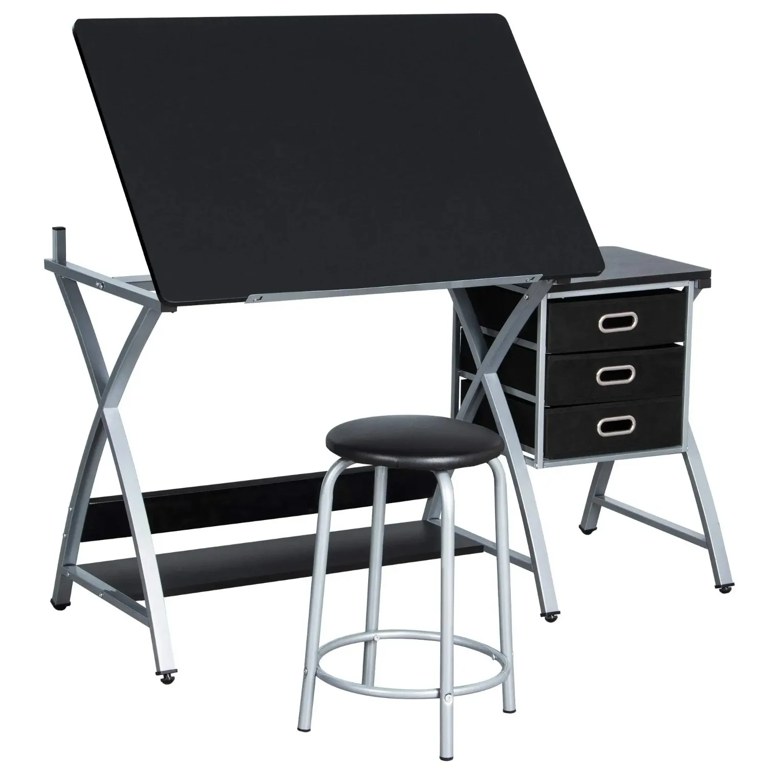 Drafting Tables, Draft Drawing Desk w/Stool and Tiltable Tabletop, 3 Storage Drawers, Reading, Writing Art Crafting
