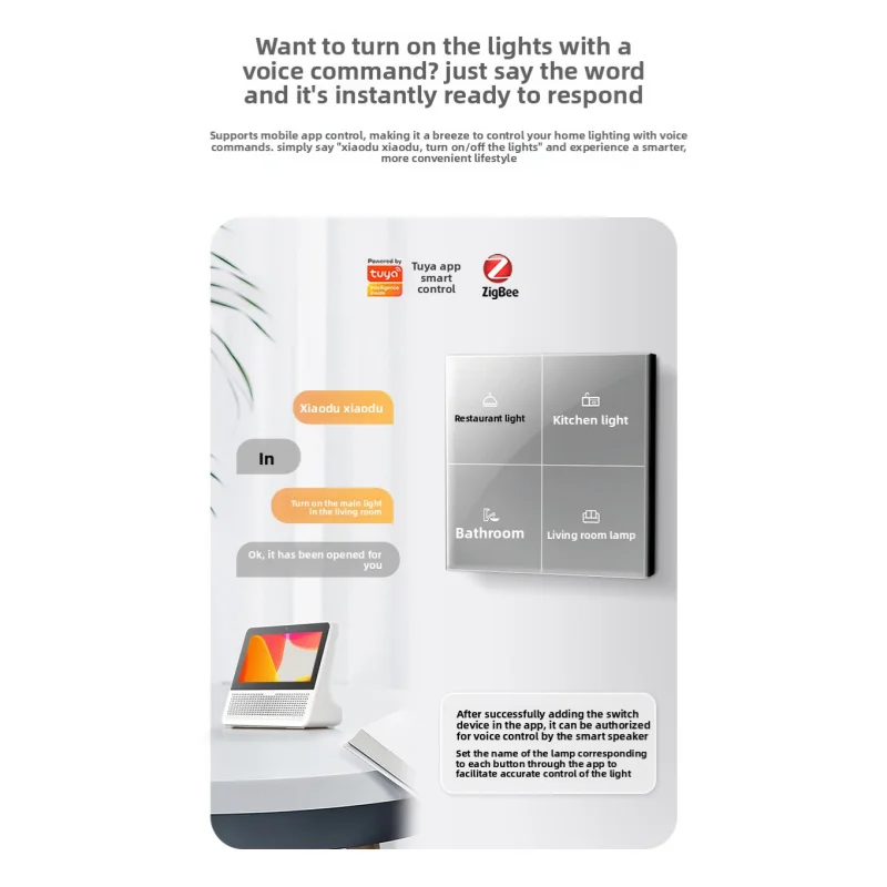 الكتابة على الجدران زيجبي 86 نوع زر ذكي التبديل واحد صفر النار الزجاج لوحة التطبيق التحكم الصوتي المنزل الذكي مع ضوء المؤشر الليلي #6