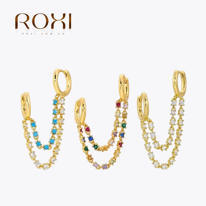 ROXI S925 gümüş kulak toka çift çember renkli CZ turkuaz zincir püskül bağlı küpe kadınlar için Kolczyki 1 parça