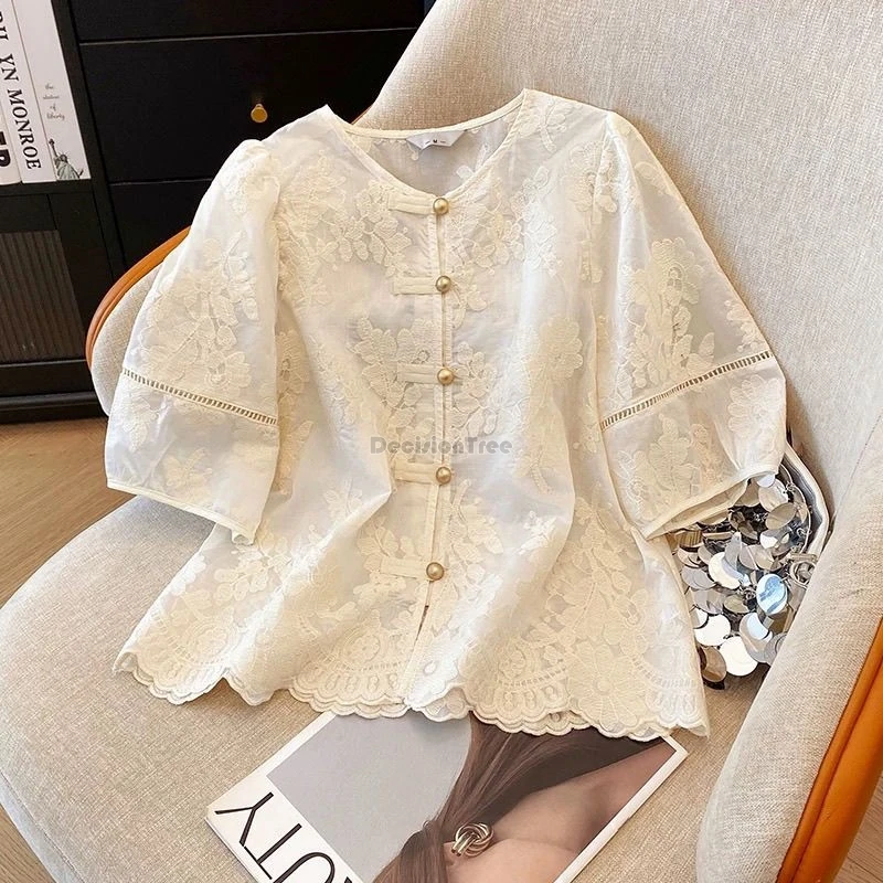 2026new chinese-style lace tang suit shirt retro embroidered cheongsam button summer short sleeve round collar loose women shirt