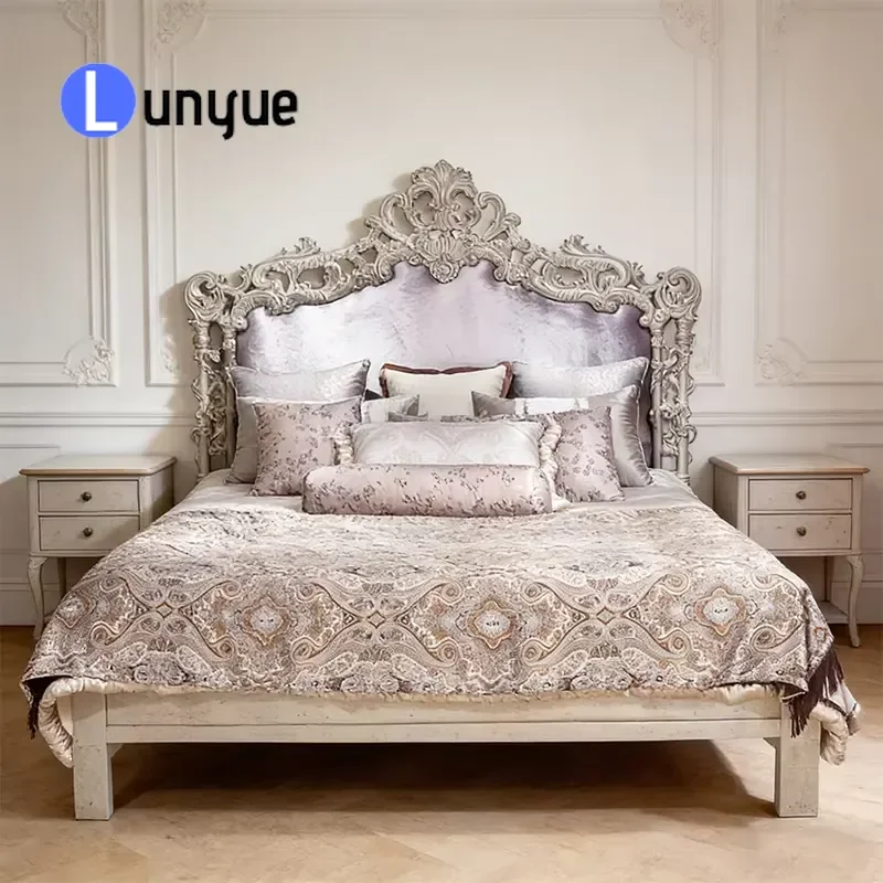 Luxury Classic Wooden Bed with Velvet Upholstered Headboard Antique Silver Leaf Decorated Base for Bedroom Elegant Furniture