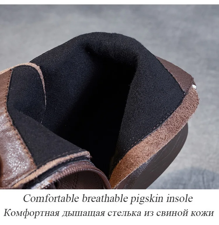 DRKANOL Frauen Echtes Leder Kurze Stiefel Runde Kappe Aus Echtem Leder Handgemachte Retro Street Style Winter Warme Wohnungen Stiefeletten – Detail 18