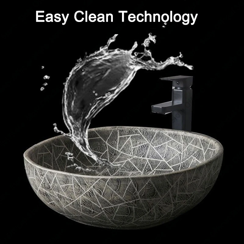 레트로 서리로 덥은 조리대 분지 예술적 질감 세라믹 세면대 라운드 욕실 싱크 야외 안뜰 가정용 세탁 싱크