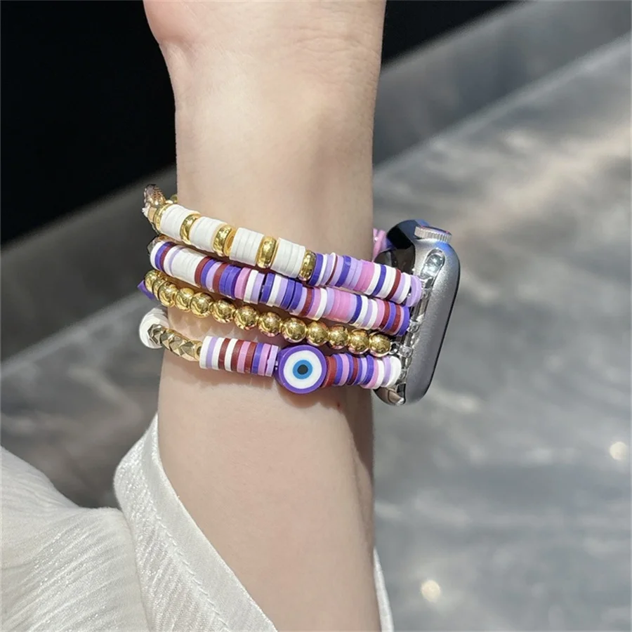 Bohemian bead bracelet compatible with iWatch strap 38mm 40mm 41mm 42mm 44mm 45mm 49mm for women, fashionable handmade elastic s