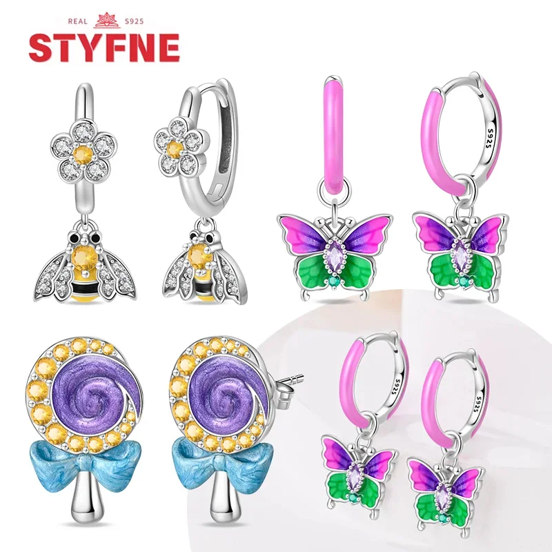 

New Silver S925 Spring Flowers Colorful Purple Dopamine Butterfly Bee Sweet Romantic Earrings for Women Party Jewelry Fine Gifts