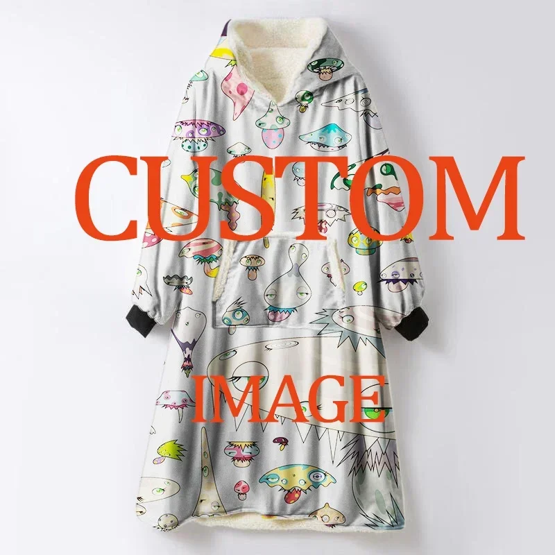 Custom Photo Logo Cartoon Anime Flannel Blanket Hooded Sweater Kids Adult Soft Warm Home Casual Wear Pajamas