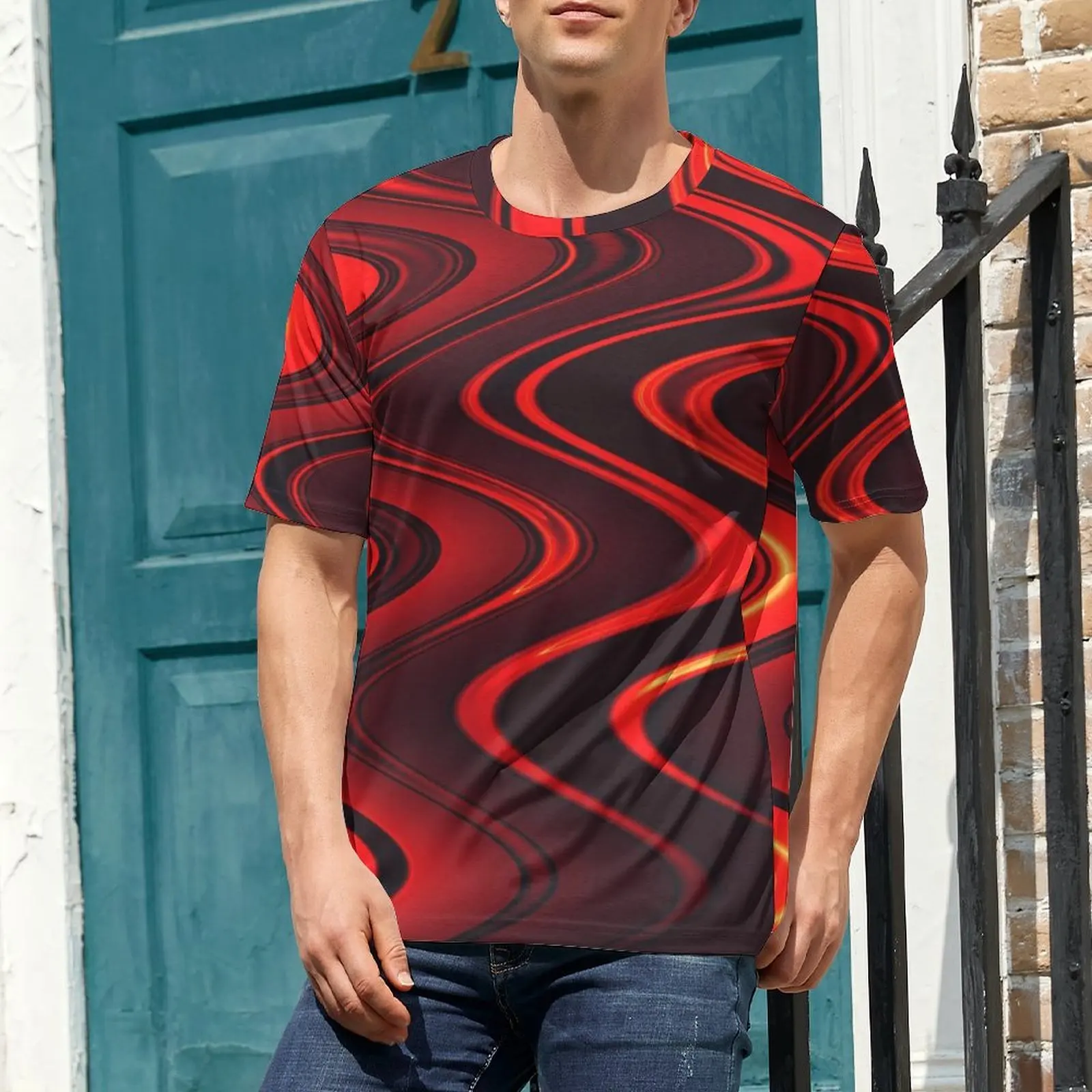 Man Abstract Swirls T-Shirt Red And Black Harajuku T-Shirts Short Sleeve Custom Tshirt Hot Premium Aesthetic Plus Size Tees
