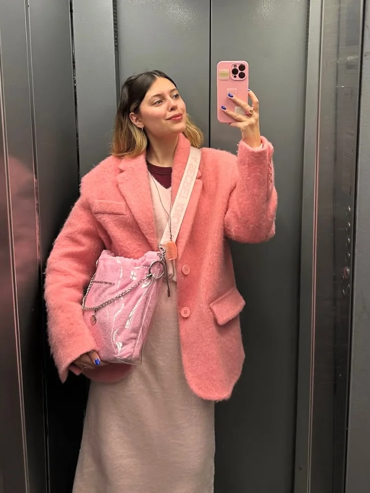 

Women Elegant Sweet Pink Short Woolen Overcoat Lapel V-neck Full Sleeve Single Breasted Loose Jackets Lady Daily Highstreet Coat