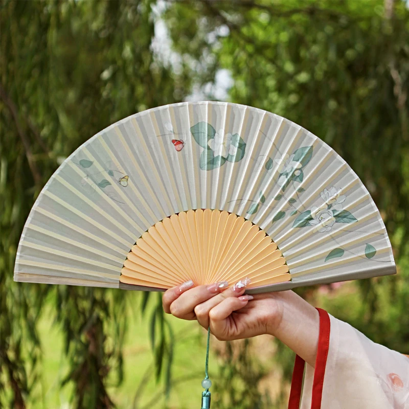 

Chinese Style Bamboo Folding Hand Fan Classical Green Lotus Cheongsam Dance Fan Wedding Party Decor Art Craft Chinese Dance Fan