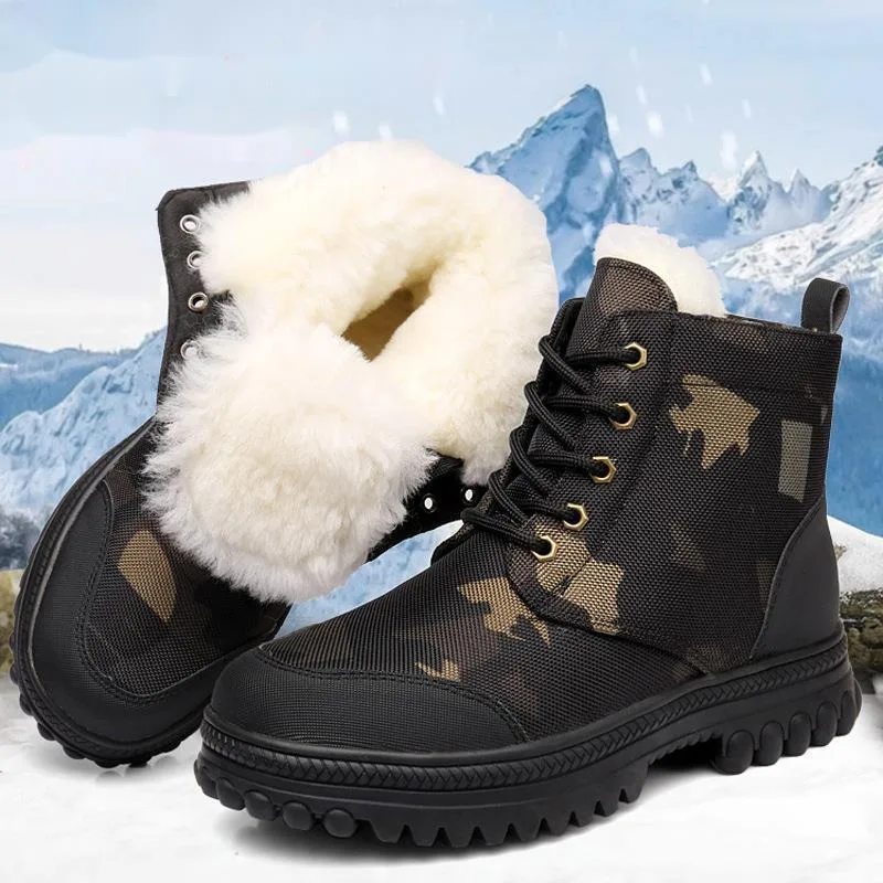 

New 2026 Men's Sheepskin Snow Boots Thickened Wool Lining Cold-Proof Warm Winter Boots Men Lace-Up Thick Sole Camouflage Boots