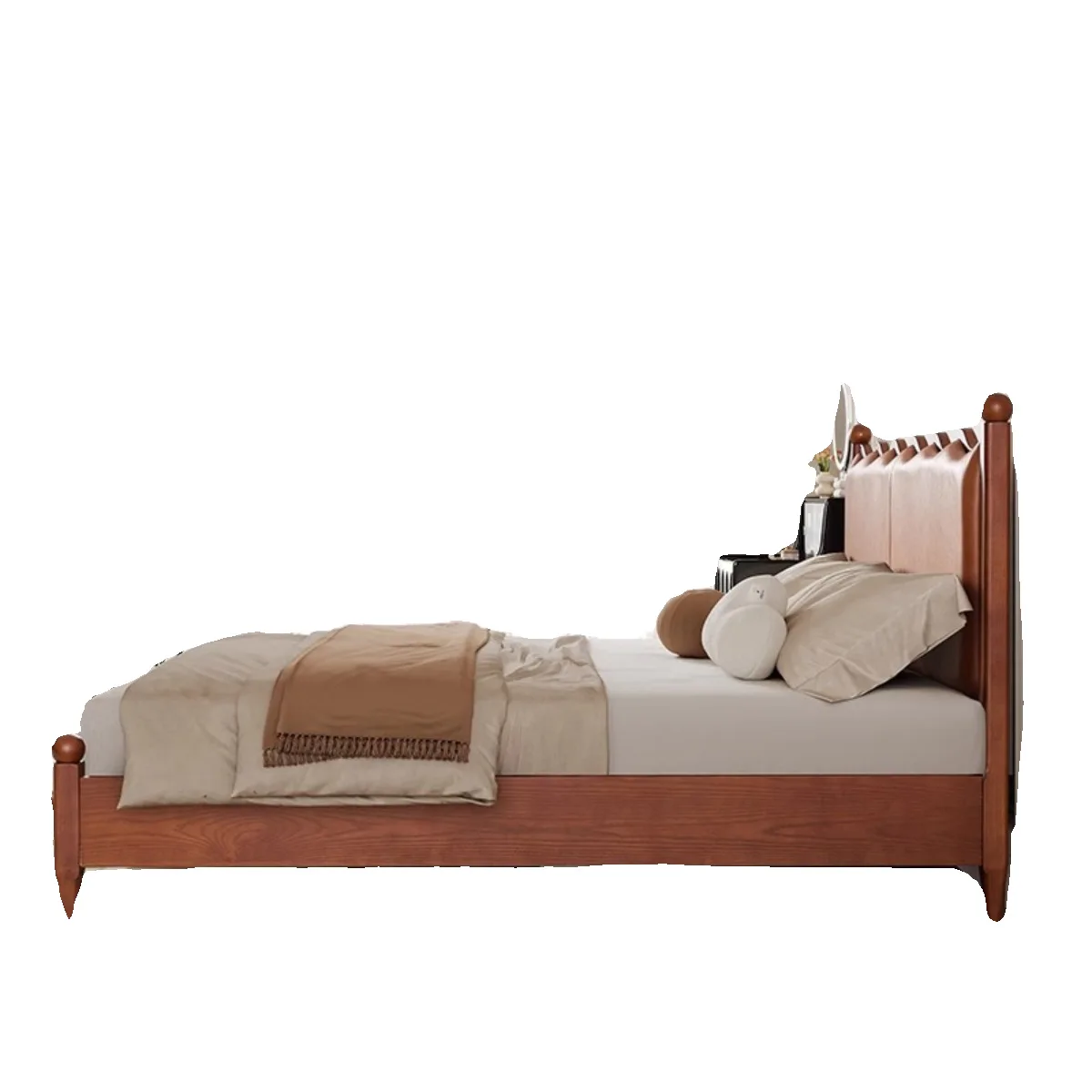 

French retro style solid wood bed first layer cowhide soft bag bed 1.8 meters simple master bedroom ash wood double bed