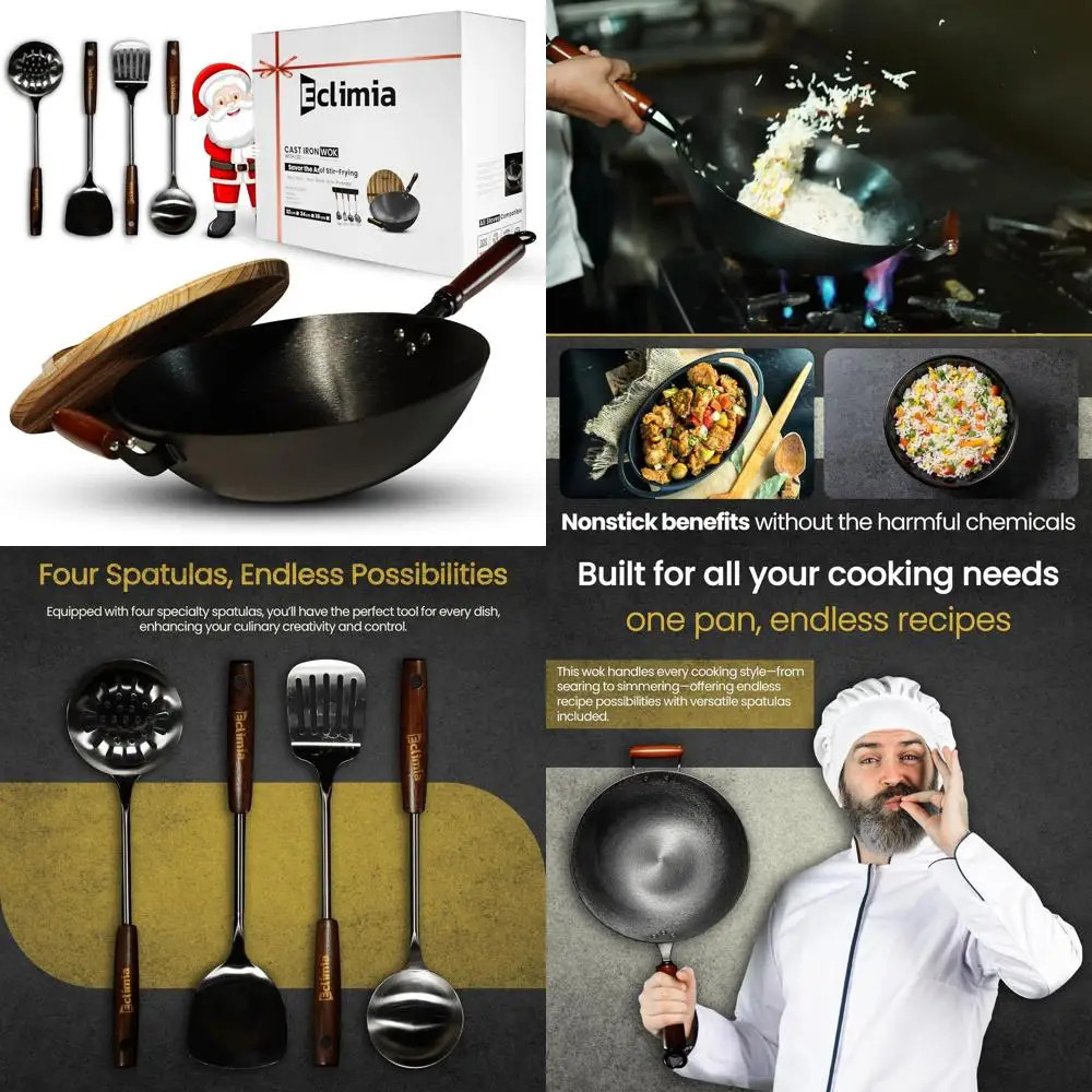 

Чугунный вок с антипригарным покрытием и двойными ручками, деревянной крышкой и ручкой, идеально подходит для жарки на индукционных варочных панелях