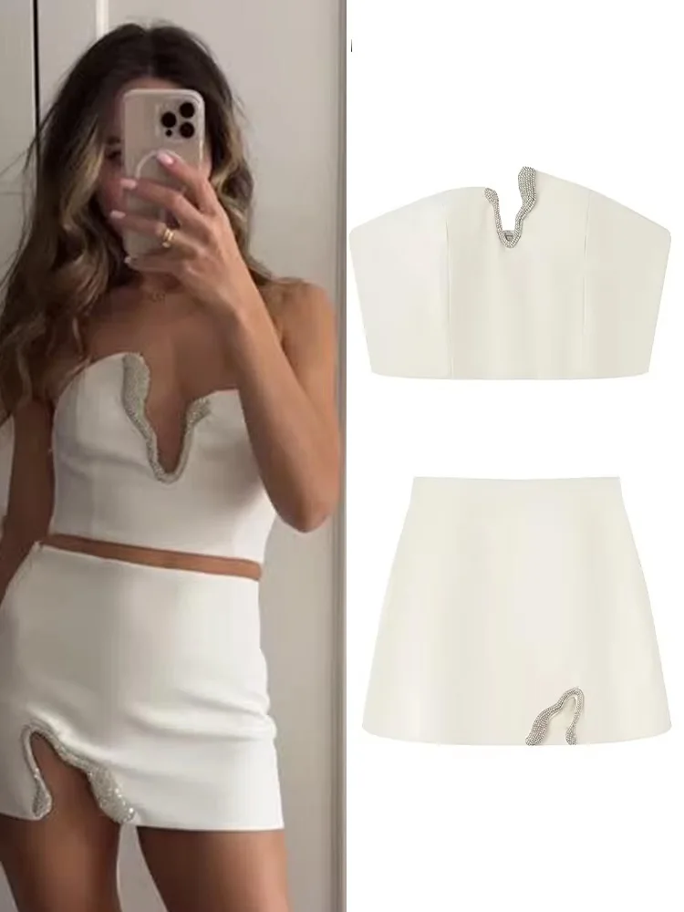 ชุดกระโปรงฤดูร้อนสำหรับผู้หญิง ดีไซน์ประดับคริสตัล ชุดเซ็กซี่ เสื้อครอปแขนกุดแบบไร้สาย+กระโปรงทรงเอแบบมินิ ซิปด้านข้าง แฟชั่น