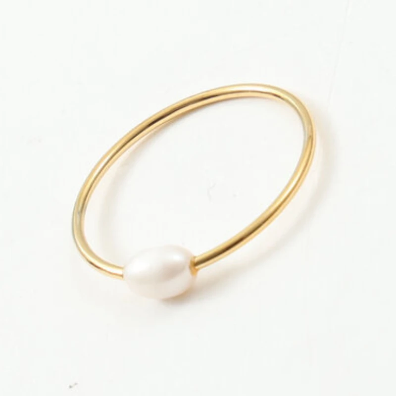 High End PVD Freshwater Pearls Thin Ring Stainless Steel Ring for Women Gold Plated Jewelry