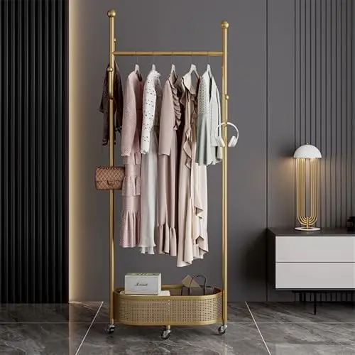 Multifunctional coat rack with storage basket 360 movable rotationBedroom and living room storage artifactHanging