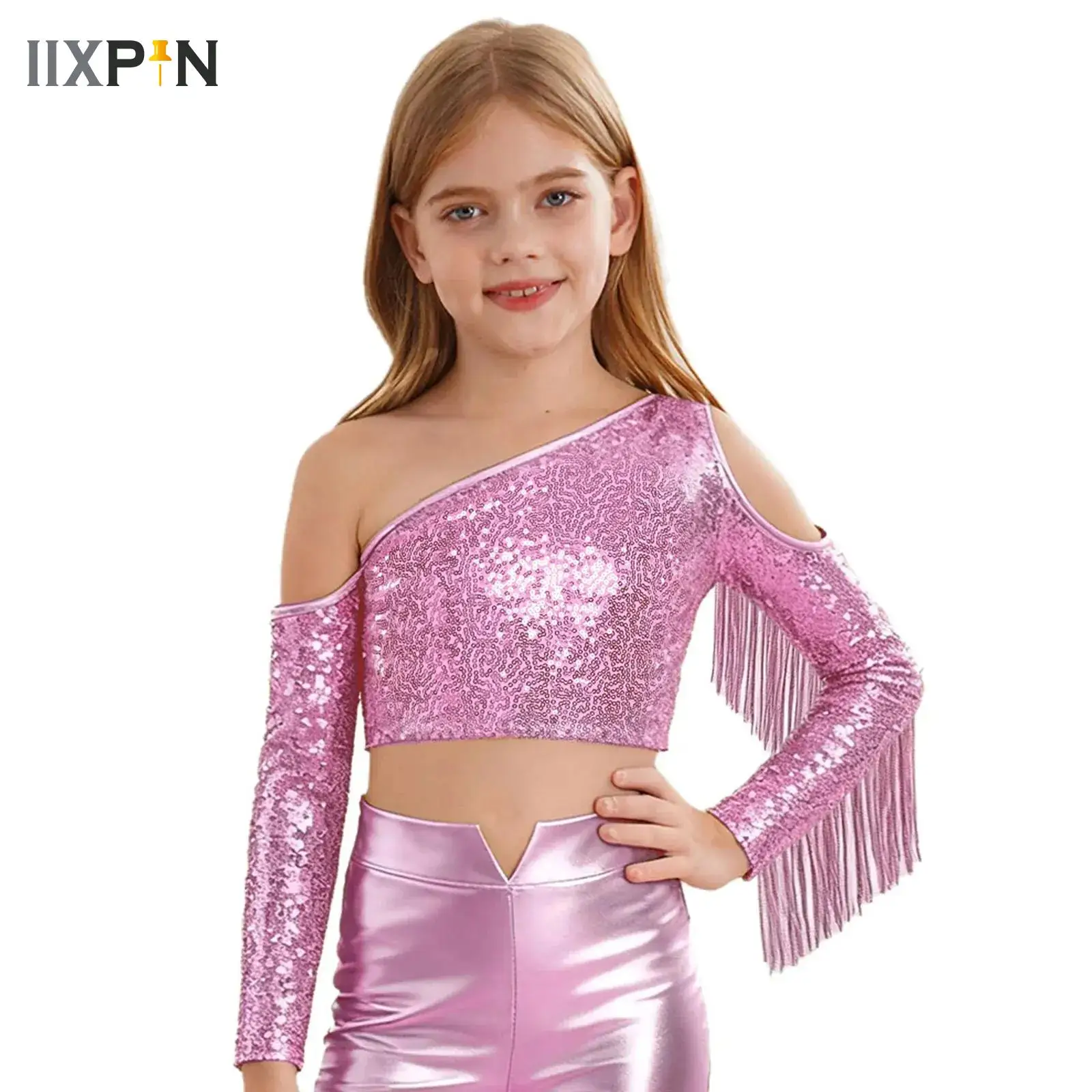 Kids Girls One Shoulder Sequin Dance Crop Top Halloween Carnival Disco Jazz Hip-hop Dance Costume for Belly Dance Performance
