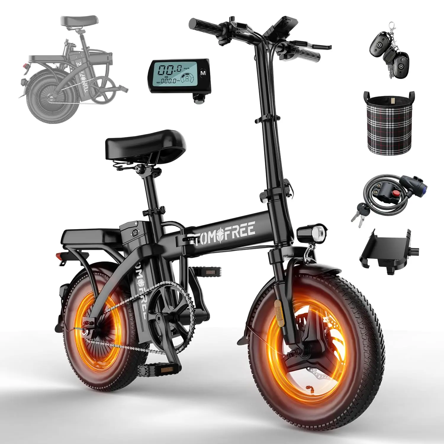 Class 2 Folding Electric Bike, 48V 22.5Ah Battery 30-75 Miles, 750W Motor 14