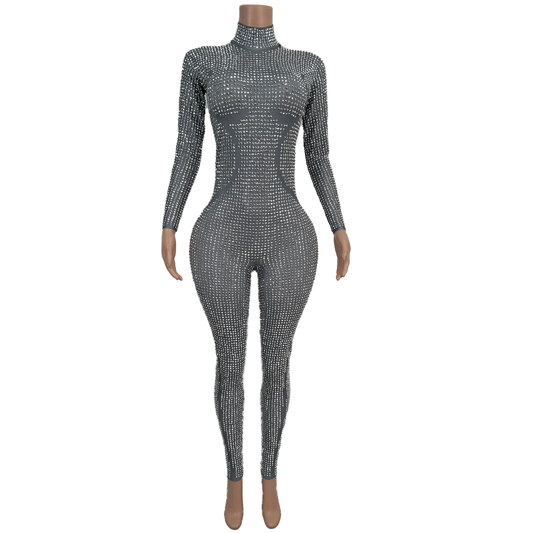 

Jingdian Fashion Women High Stretch Jumpsuit Shiny Silver Rhinestone Tight Pants Sexy Bar Performance Outfit Birthday Prom Gowns