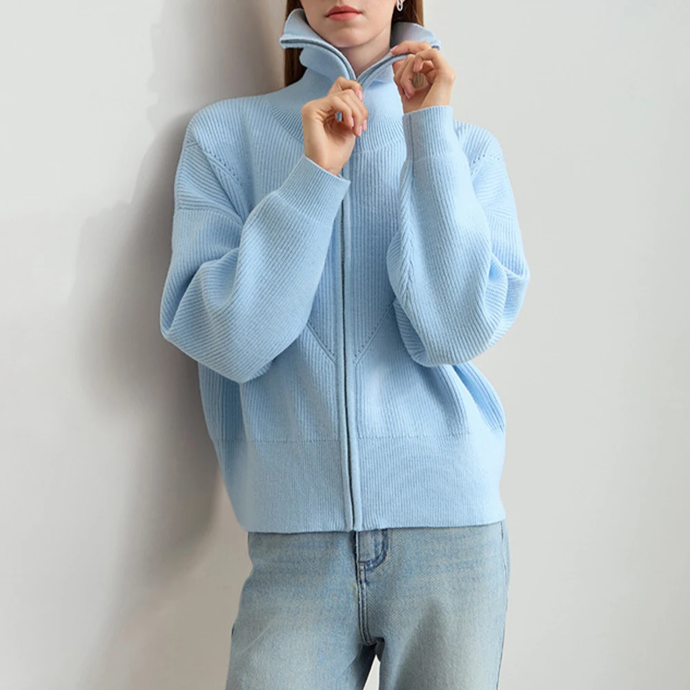 

Women's Lazy Style Knitted Cardigan Navy Collar Zipper Sweater Jacket Soft Waxy Thick Short Top for Autumn Winter