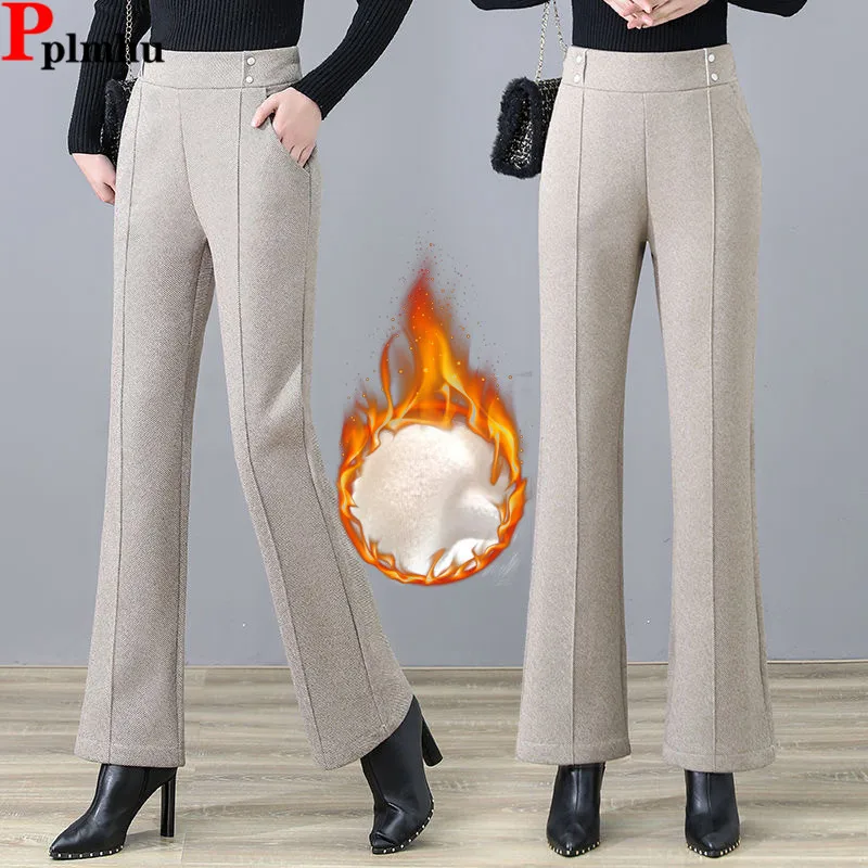 

Fall Winter Elegant Wool Blend Flare Suit Pants Lightweight Velveteen Lined Slim Formal Pantalones Korea Casual Women Spodnie